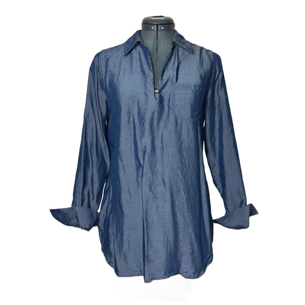 Soft Surroundings Tencel Popover Blouse Women's Size Small Blue Chambray - Picture 1 of 16